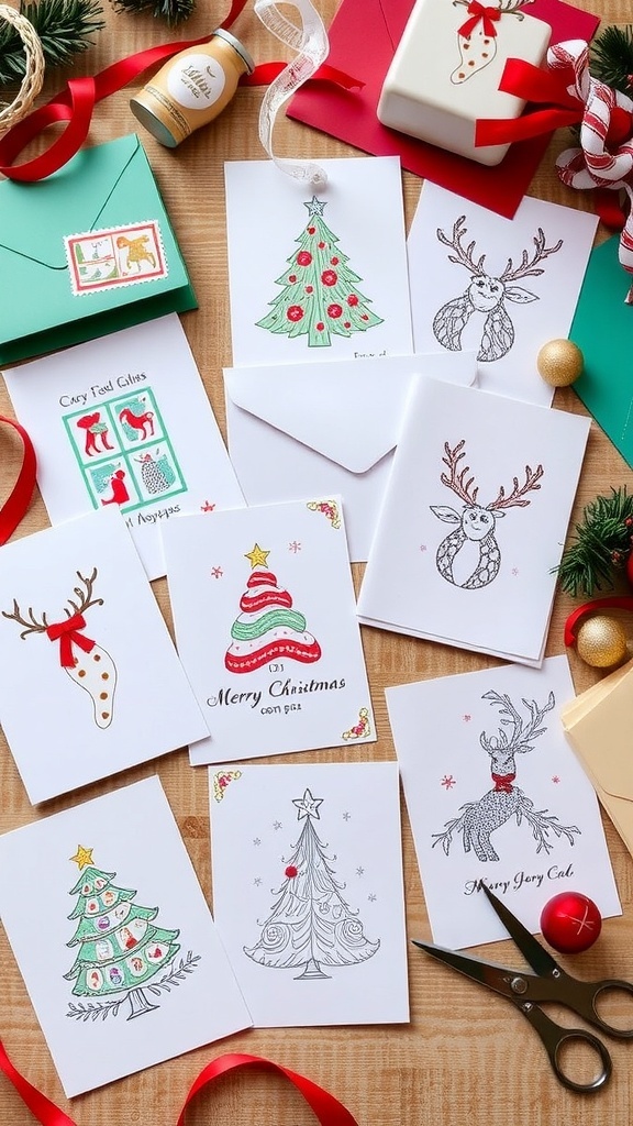 A collection of creative handmade Christmas cards with festive designs and crafting materials.